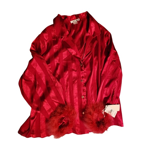 Linea Donatella XL Crimson Pajama Set 2 Piece Top & Pants Faux Feather Trim - Picture 1 of 6